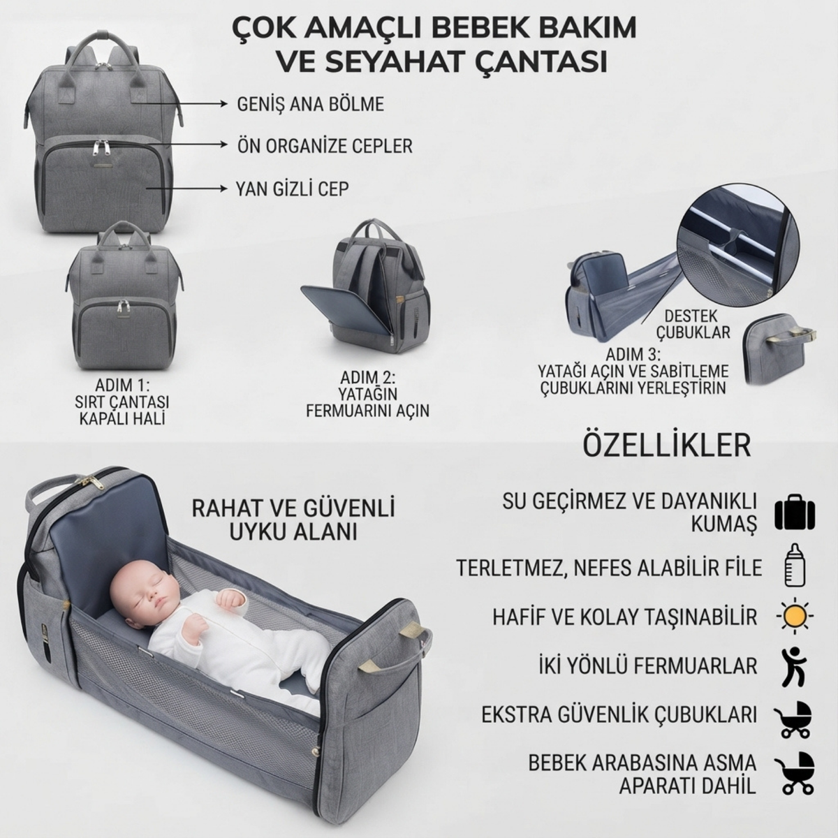 Yataklı Bebek Bakım Çantası